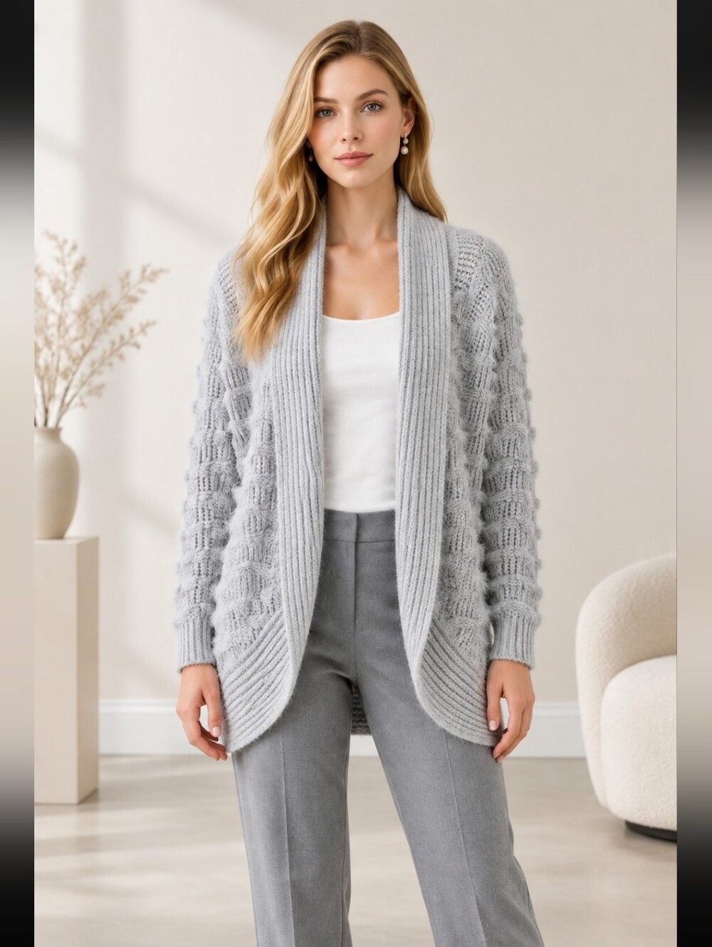 Candie's Women's Light Gray Open-Front Wave Knit Cardigan